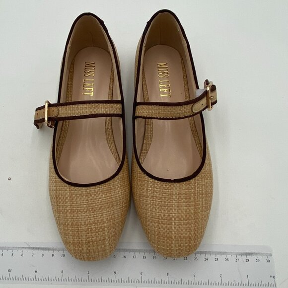Miss Left Beige Braid Comfort Buckle Strap Mary Janes Round Toe Ballet Flats - Picture 3 of 8